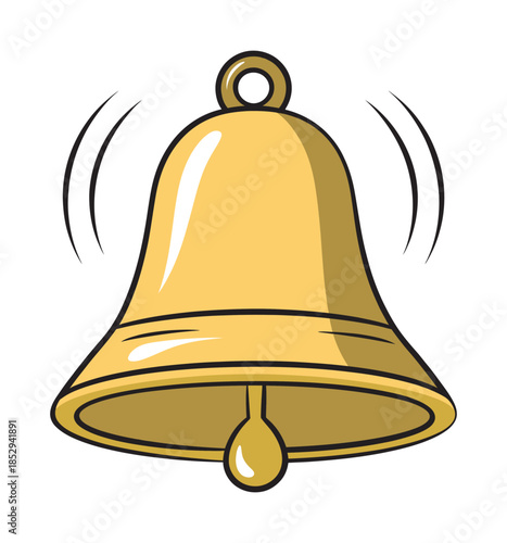 Vibrating golden bell icon ringing with sound waves, lively cartoon illustration for alerts and notifications, mobile app interface symbol, playful reminder concept