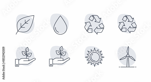 Set of eco-friendly line icons for environmental conservation and sustainability.