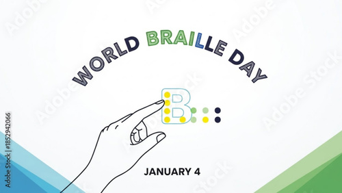 World Braille Day illustration hand touching Braille alphabet B concept for accessibility and inclusion January 4th celebration