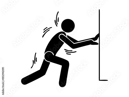 Person pushing against wall icon. Man stretching body vector. Sport exercise, fitness workout or physiotherapy concept. Stick figure silhouette for warm-up or resistance training. vector icon