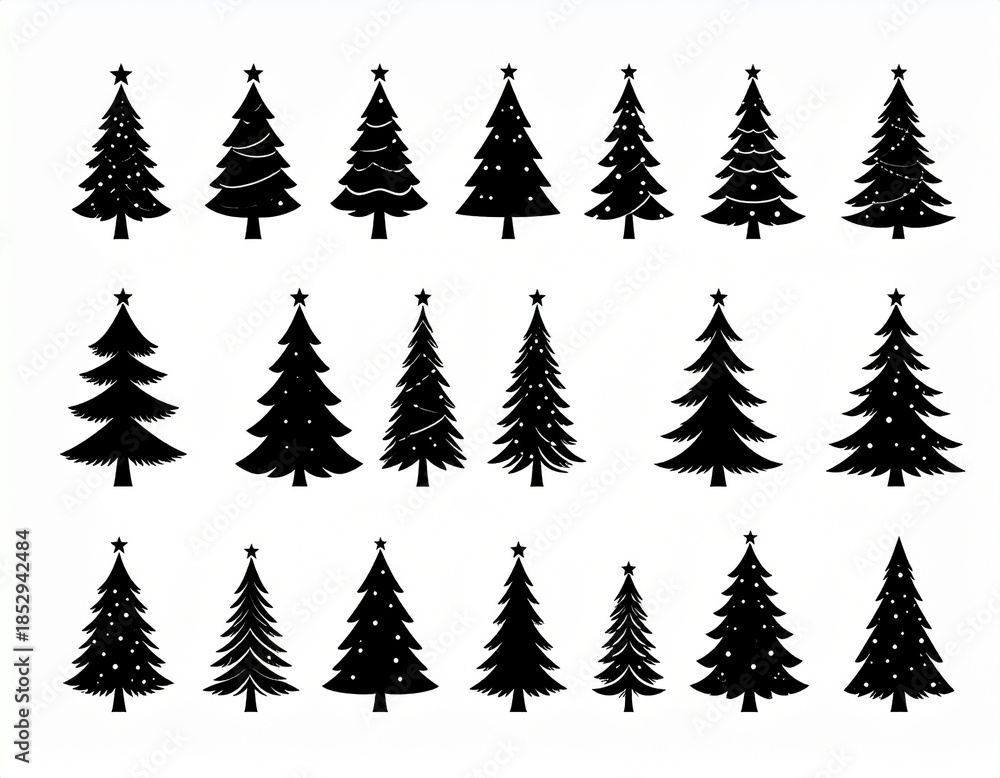 Obraz premium Christmas tree icon. Set of black christmas tree icons on white background. 
