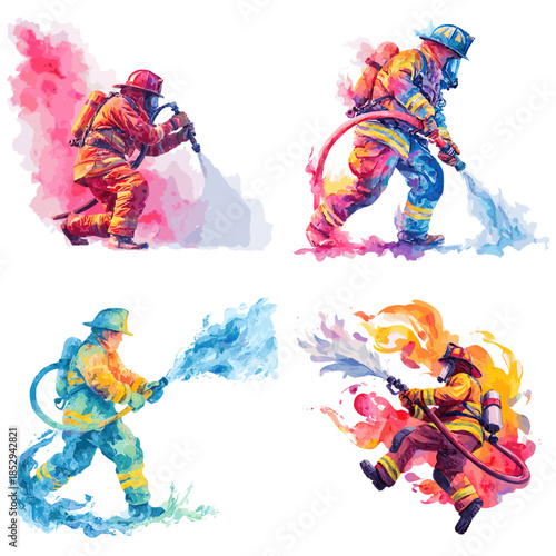 Dynamic watercolor illustration of firefighters in action with expressive motion and vivid colors representing bravery emergency response teamwork and heroic public service