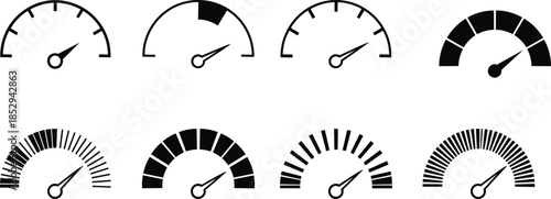 Vector icon set of gauge meters with needle indicators, black and white dashboard symbolsVector icon set of gauge meters with needle indicators, black and white dashboard symbols