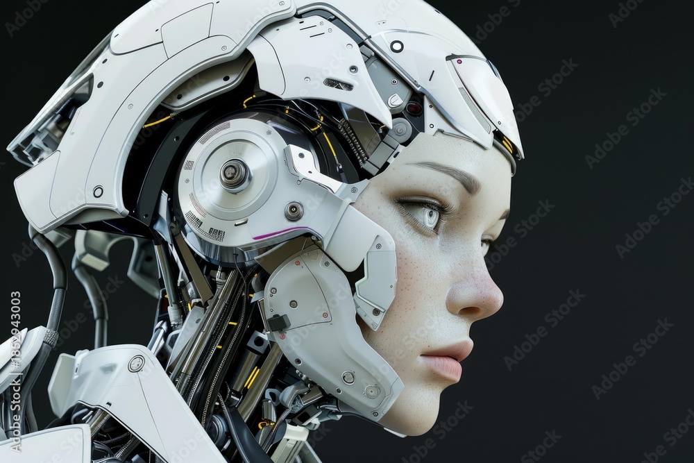 Fototapeta premium Profile of a futuristic cyborg woman gradually revealing her face from a complex robotic exoskeleton
