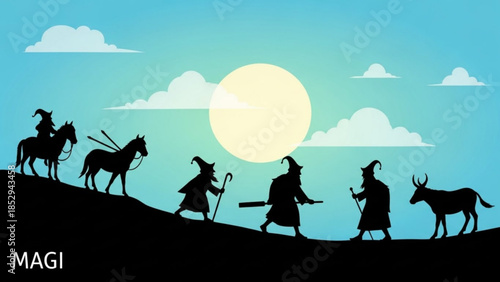 Silhouette of the Magi walking on a hill towards a bright sun representing a biblical journey with horses and a donkey flat design illustration