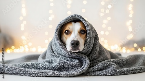 An adorable dog peeking out from under a warm, cozy grey blanket during a cold day