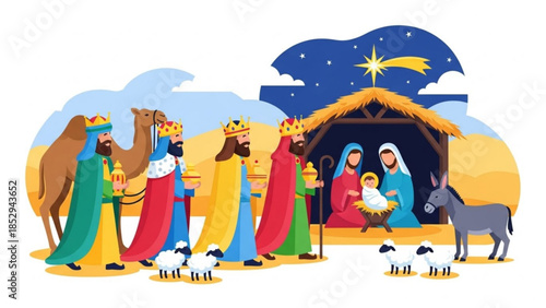 Three Wise Men with camels and sheep approach the Nativity scene with baby Jesus a stylized illustration for Christmas