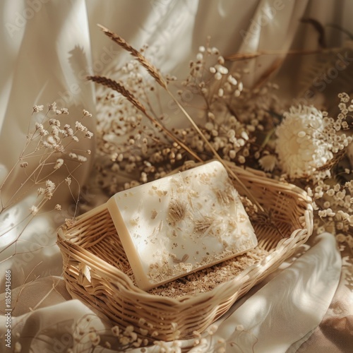 boho realistic product photo of a handmade soap bar in a wicker tray, dried flowers, cozy aesthetic