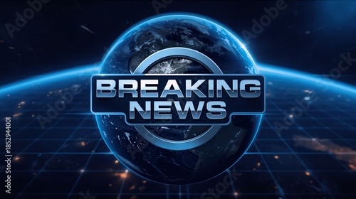 Breaking News Template intro for TV broadcast news show program with 3D breaking news text and badge, against global spinning earth cyber and futuristic style