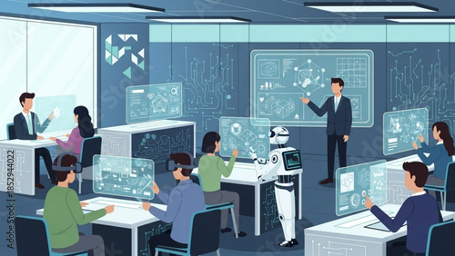 Futuristic classroom with students using VR headsets and a robot assistant learning about technology and artificial intelligence digital education concept