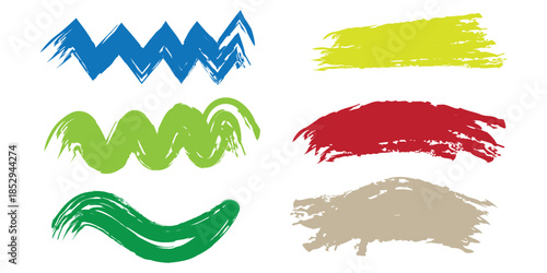 A collection of six colorful brushstrokes and swirls in blue yellow green red and brown hues