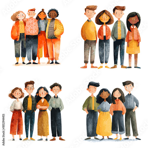 Friendly illustration of diverse people standing together in small groups showing community bonding inclusion everyday relationships and social harmony in a soft expressive style