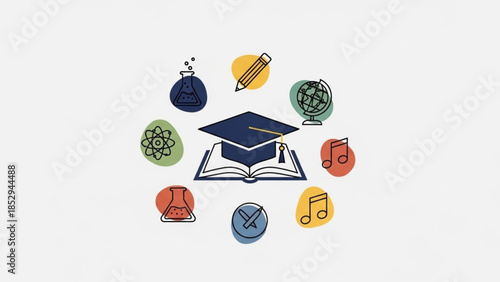 Graduation cap and open book surrounded by diverse education icons representing knowledge and learning perfect for academic concepts and school promotion