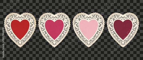 
Vintage lace paper heart doilies in a row, four antique retro cutout hearts with different shades of red and pink, ideal for Valentine's Day, wedding decoration, or romance concept design