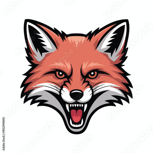 Aggressive fox head illustration with open mouth.