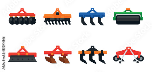 Colorful agricultural equipment icons on gradient background