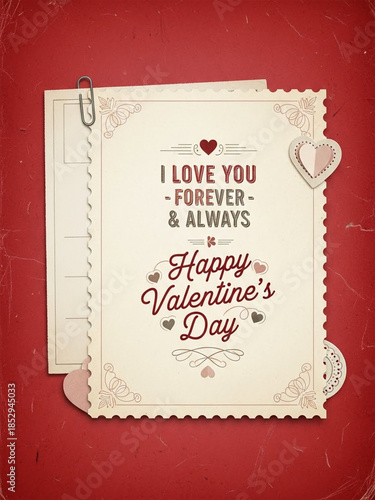 Vintage Valentine's Day postcard illustration, romantic typography and heart elements, retro style greeting card on distressed red background