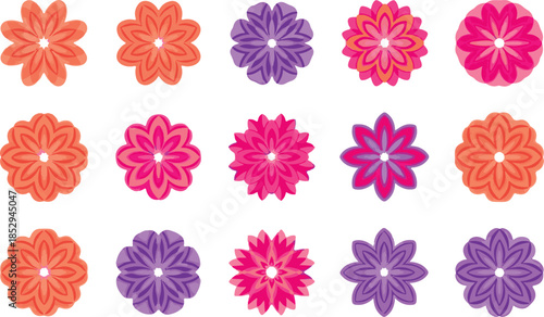 Fifteen decorative floral with layered petals in warm color palettes of orange pink and purple arranged in three rows on white