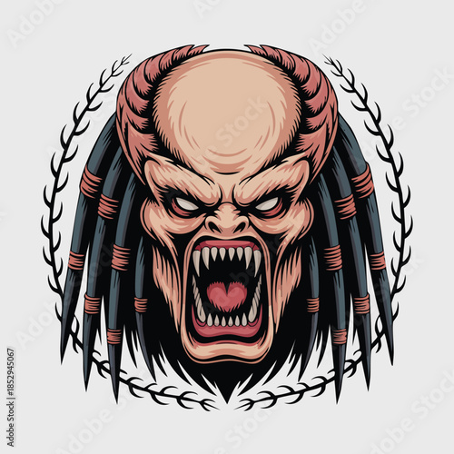 Demonic monster head with gaping mouth.