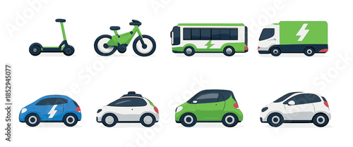 Electric transportation icons featuring scooter, bicycle, bus, truck, and cars