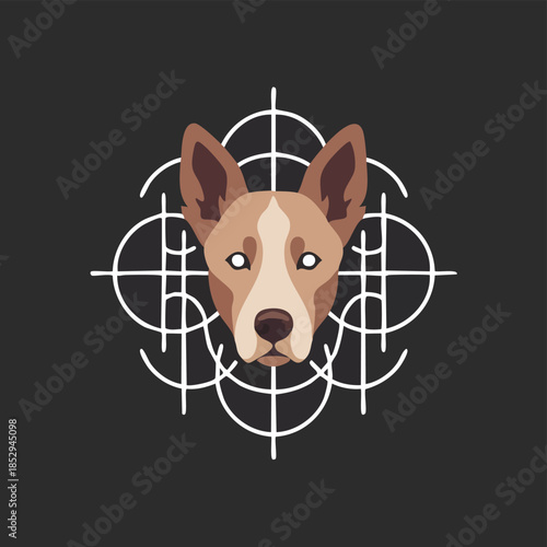 Dog head centered in crosshair target design.