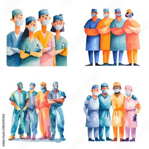Illustration set of medical professionals wearing uniforms and masks representing healthcare teamwork safety support and frontline workers in a warm modern art style