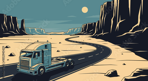 Desert Highway Adventure: A Solitary Truck's Journey Under the Moon