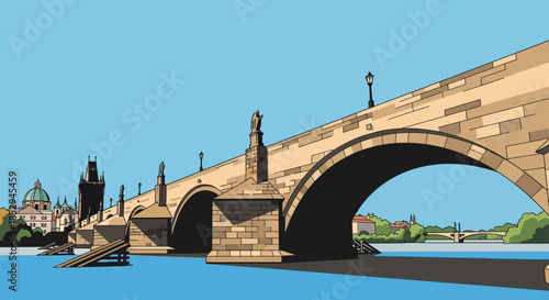 Picturesque Cartoon Style View of Prague Charles Bridge at Golden Hour