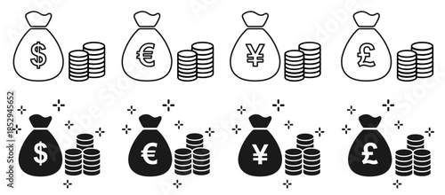 Money Bags and Coin Stacks with Dollar, Euro, Yen and Pound Currency Symbols