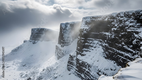 Dramatic snow covered cliffs towering over a vast snowy landscape under a cloudy sky with light rays creating an epic and rugged winter wilderness scene