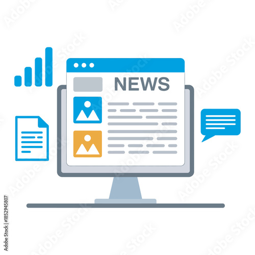 Online news portal on computer screen, modern digital media interface showing headlines and articles, technology and journalism concept with clean workspace and white background