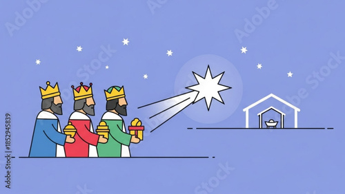 Three wise men following a bright star to a stable with baby Jesus flat vector illustration for Christmas and religious concepts
