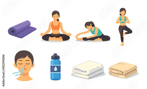 Yoga practice essentials: poses, mat, water bottle, towels, breathing techniques