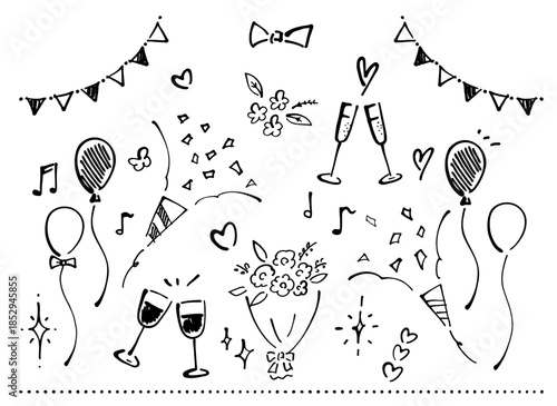 パーティーやお祝いに使える手描き装飾イラストセット