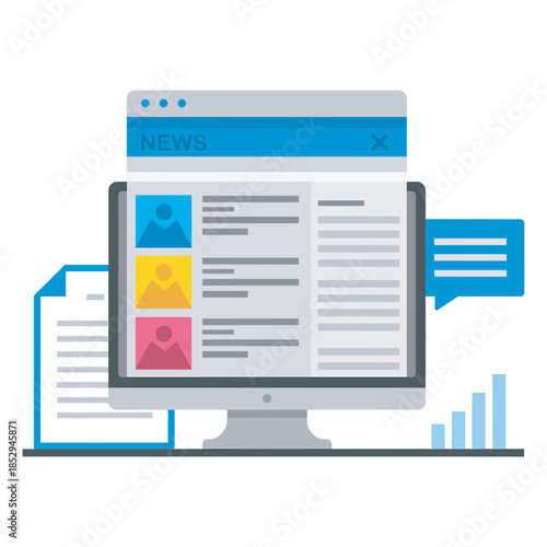 Online news portal displayed on laptop screen, hands browsing digital articles, up-to-date information interface, media and tech content, editorial workflow illustration.
