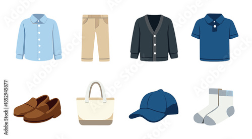 Assorted clothing and accessories display: shirts, shorts, sweater, polo, shoes, bag, cap, socks