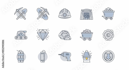 Mining Industry Tools and Equipment Icon Set for Resource Extraction.