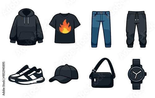 Modern casual outfit collection with hoodie, graphic t-shirt, joggers, and accessories