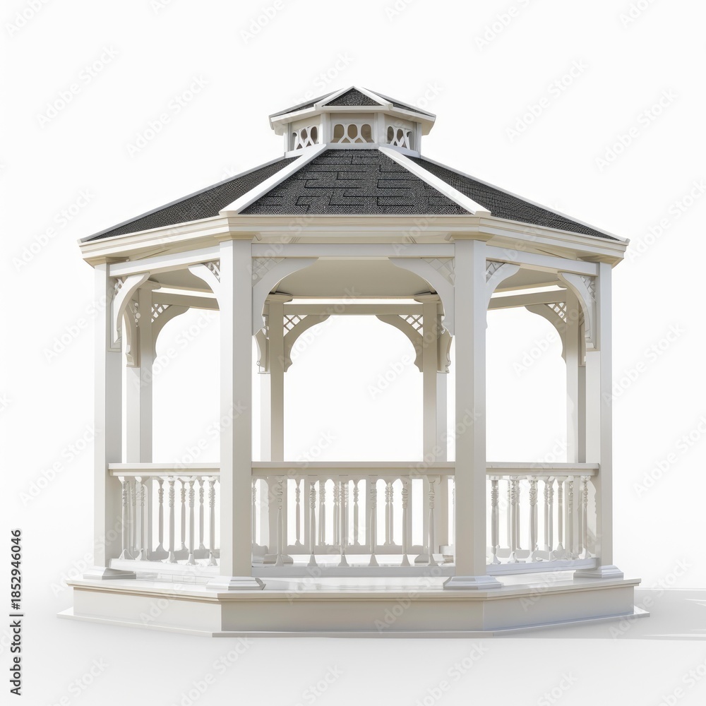 Naklejka premium Octagonal gazebo with white wooden handrails and a black roof standing on a white background