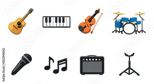 Musical instruments: guitar, keyboard, violin, drums, microphone, notes, amplifier