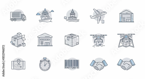 Logistics and delivery service icons set, illustrating various aspects of global shipping and transportation.