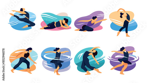 Illustrative female dancers in dynamic poses on colorful backgrounds