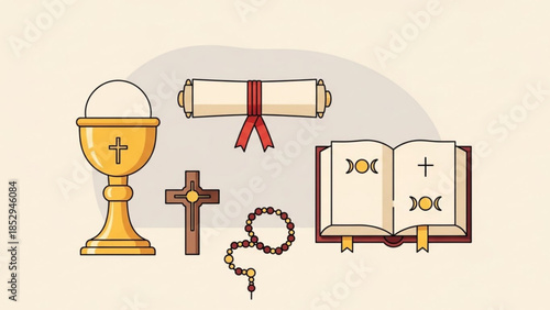 Religious and educational symbols including a chalice cross rosary diploma and open bible for spiritual and academic concepts isolated on a light background