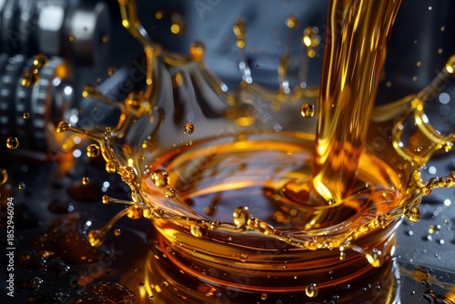 Golden oil splashing near metal gears, suggesting car maintenance and lubrication