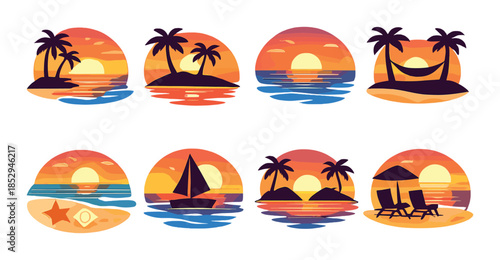 Scenic ocean sunset with palm trees, sailboats, and hammocks