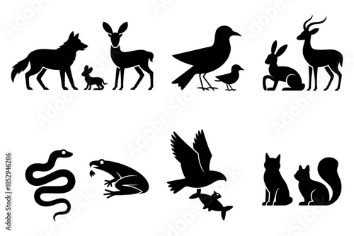 Predator-Prey Icons Set. Filled Vector Symbols Representing Ecosystem Relationships, Hunting, and Survival Concepts
