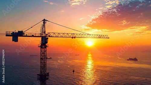 Silhouette Of A Construction Crane Over Water During Sunset Reflecting Bright Orange And Yellow Hues