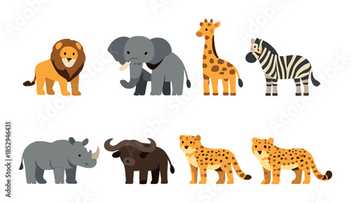 Cartoon safari animals: lion, elephant, giraffe, zebra, rhinoceros, buffalo, cheetah