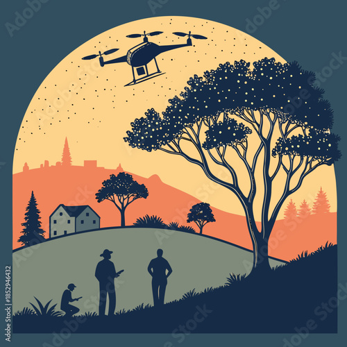 Police officers monitoring a drone over a rural landscape