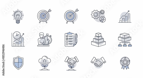 Business and management line icons set representing strategy, success, and collaboration.